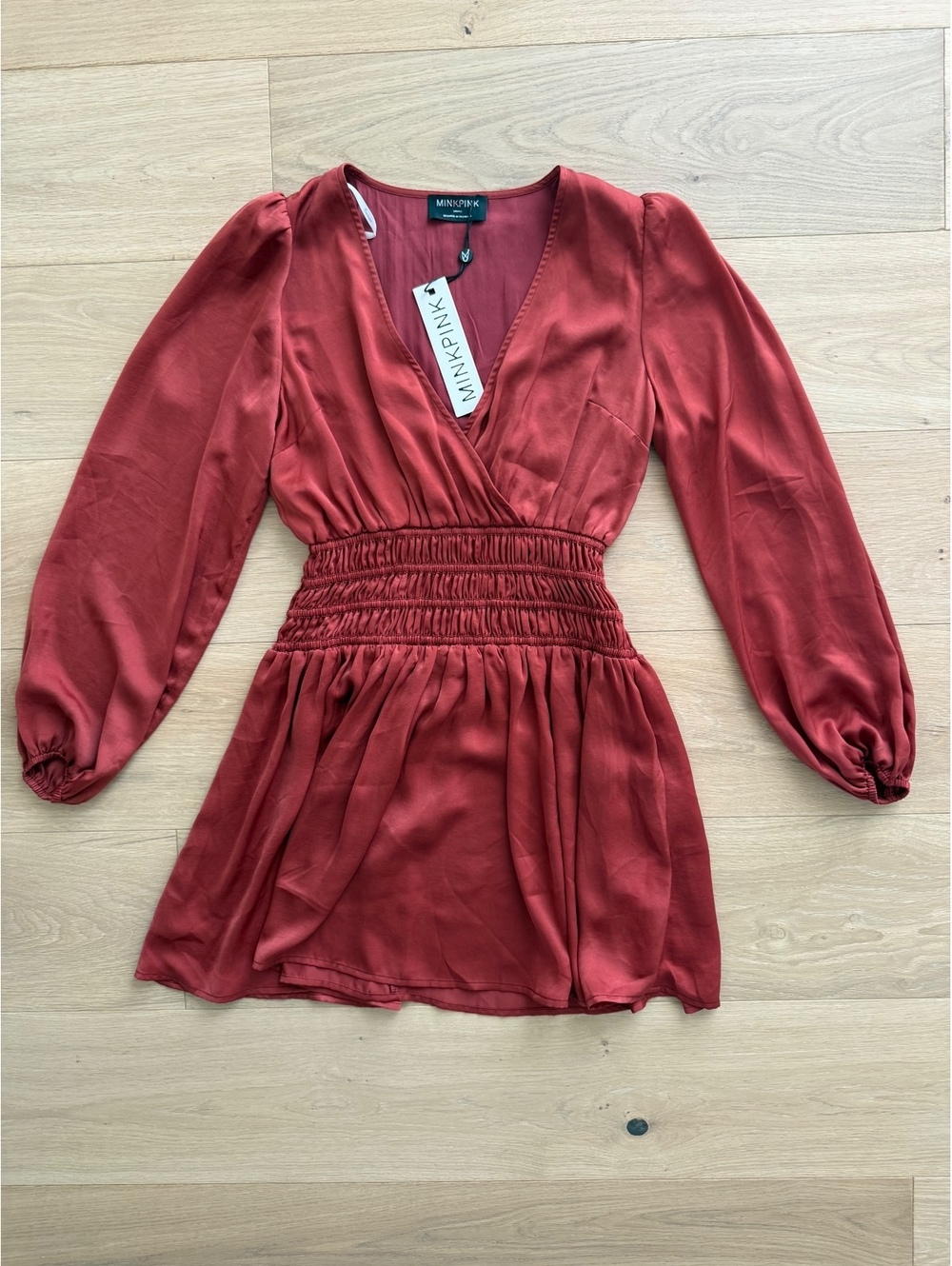 MINKPINK Sadie Mini Dress Rust Long Sleeve Smocked Waist Size S